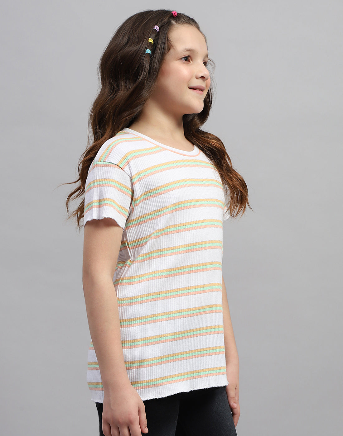 Girls Orange Stripe Round Neck Half Sleeve Top