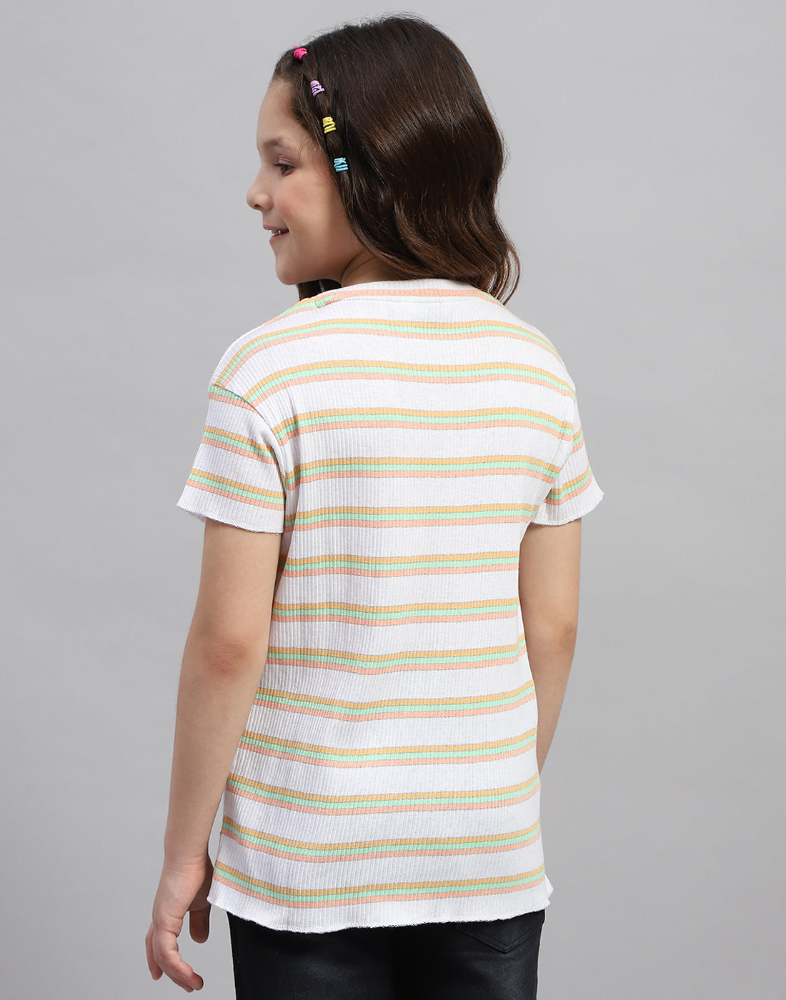 Girls Orange Stripe Round Neck Half Sleeve Top