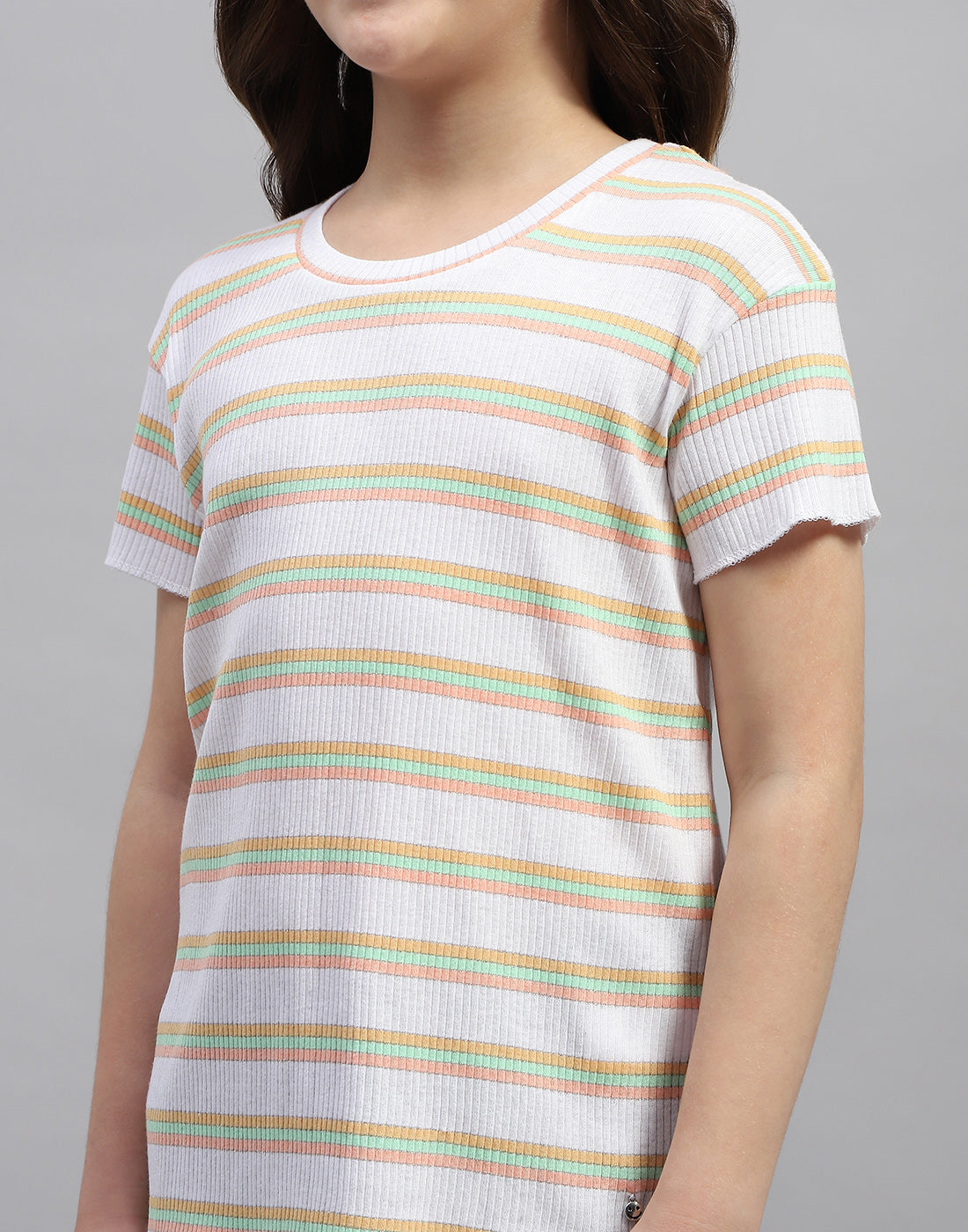 Girls Orange Stripe Round Neck Half Sleeve Top