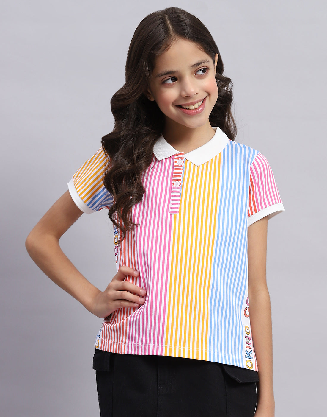 Girls Multi Color Printed Polo Collar Half Sleeve T-Shirt