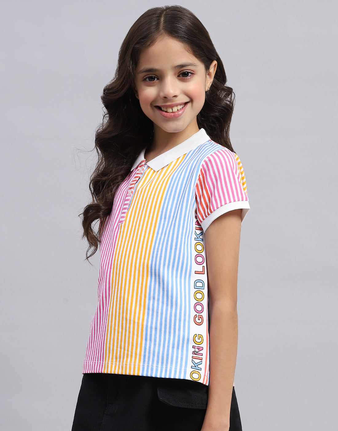 Girls Multi Color Printed Polo Collar Half Sleeve T-Shirt