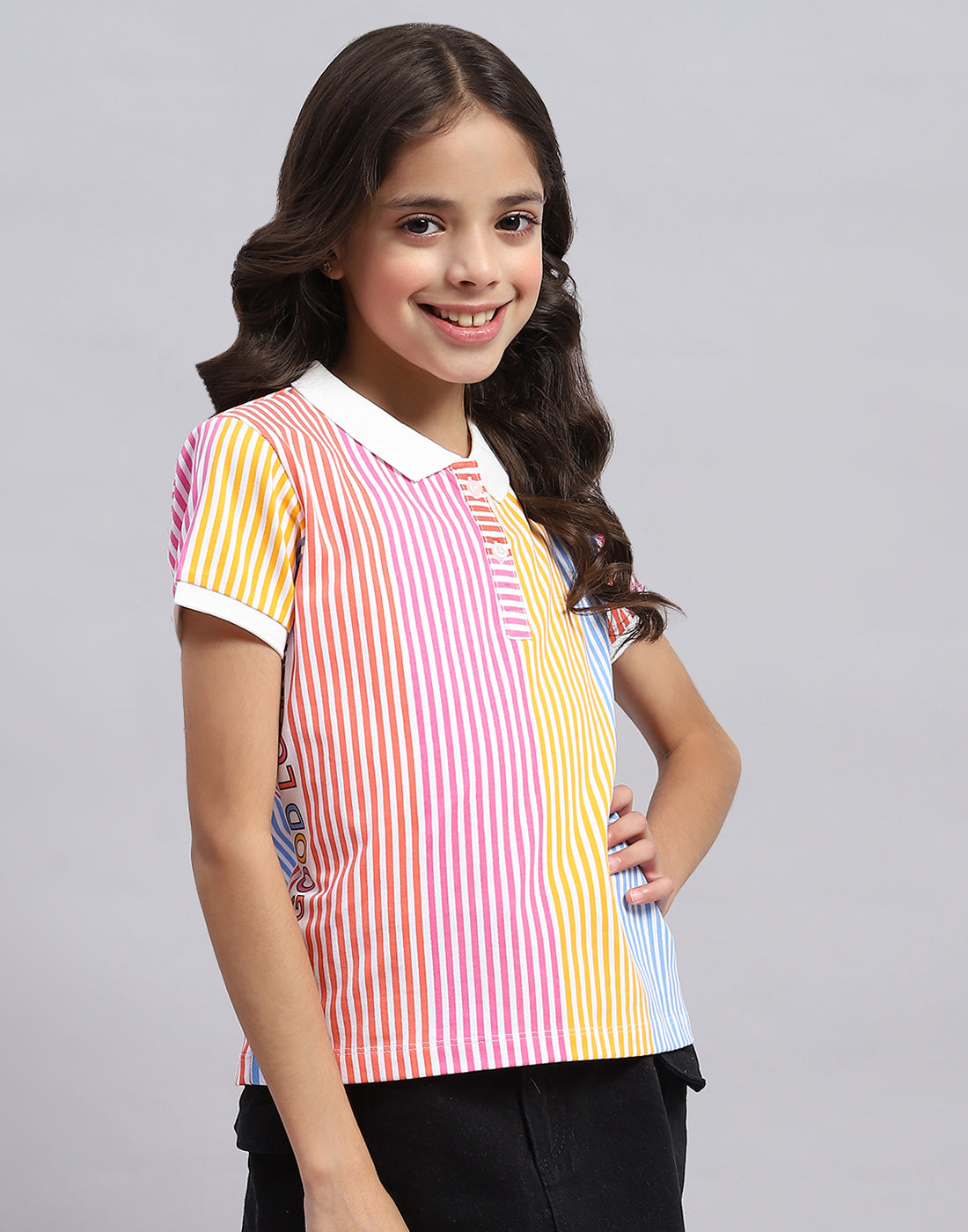 Girls Multi Color Printed Polo Collar Half Sleeve T-Shirt