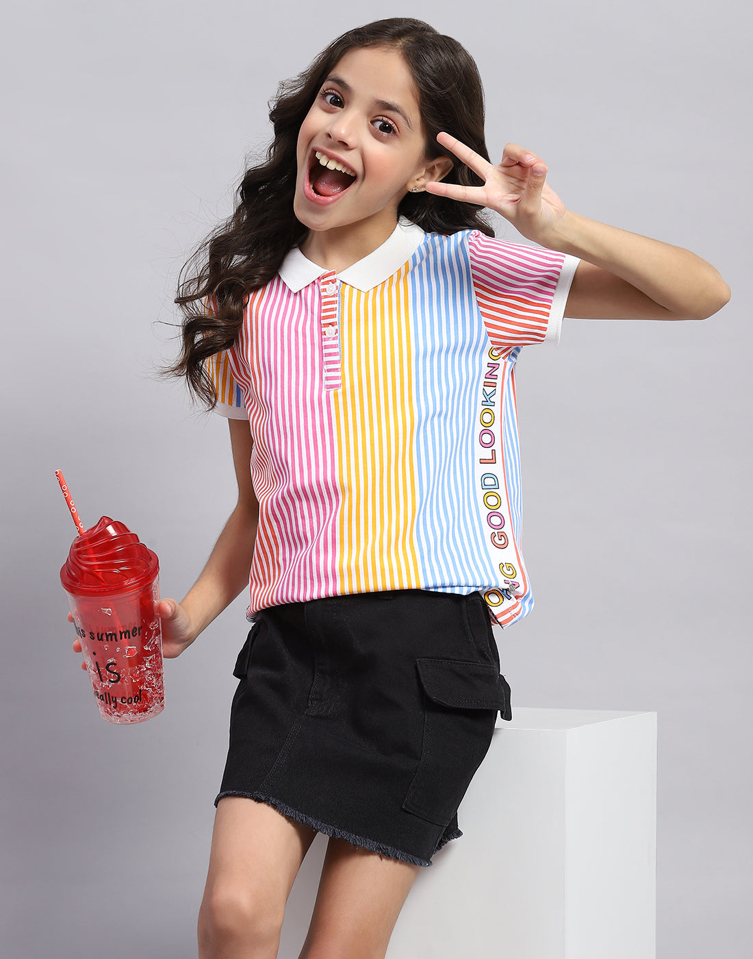 Girls Multi Color Printed Polo Collar Half Sleeve T-Shirt