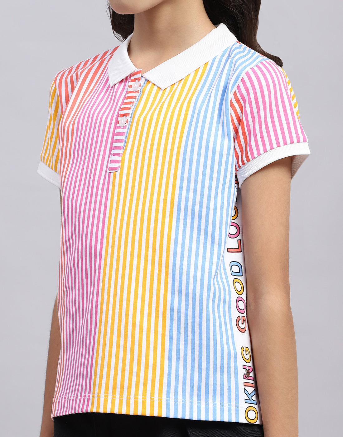 Girls Multi Color Printed Polo Collar Half Sleeve T-Shirt