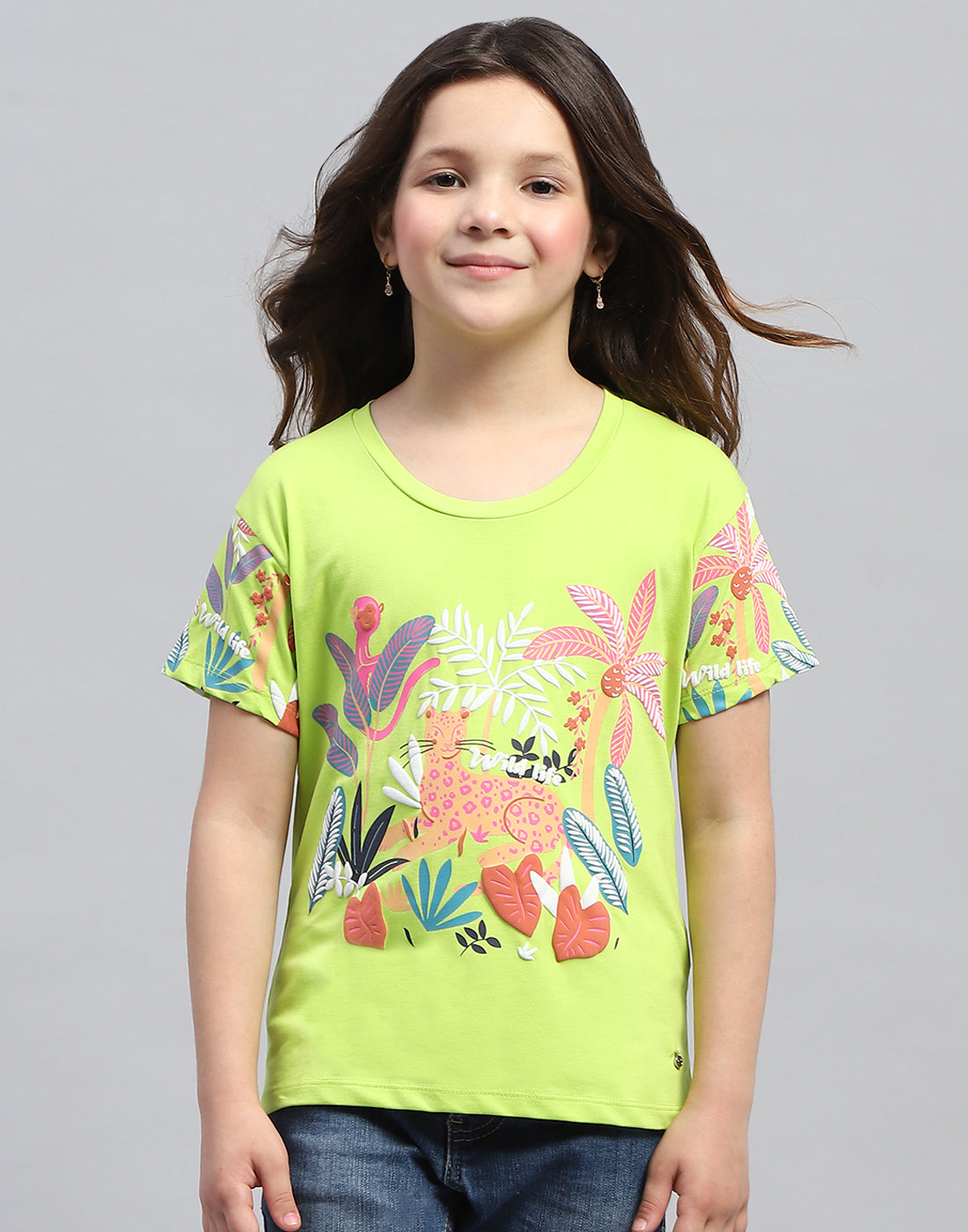 Girls Lime Green Printed Round Neck Half Sleeve Top