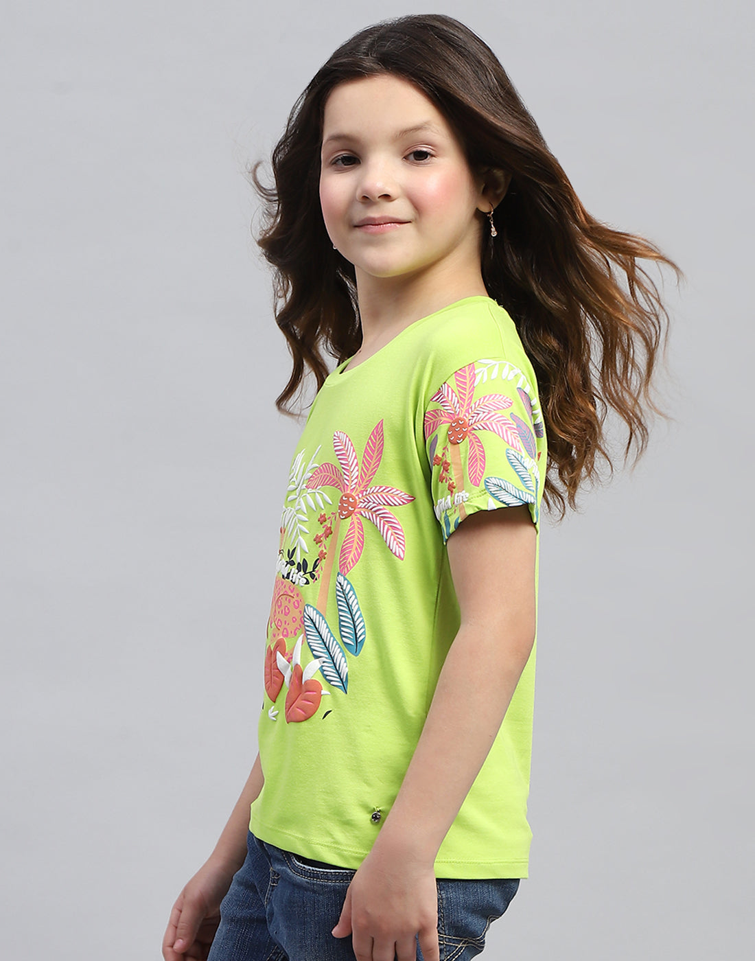 Girls Lime Green Printed Round Neck Half Sleeve Top