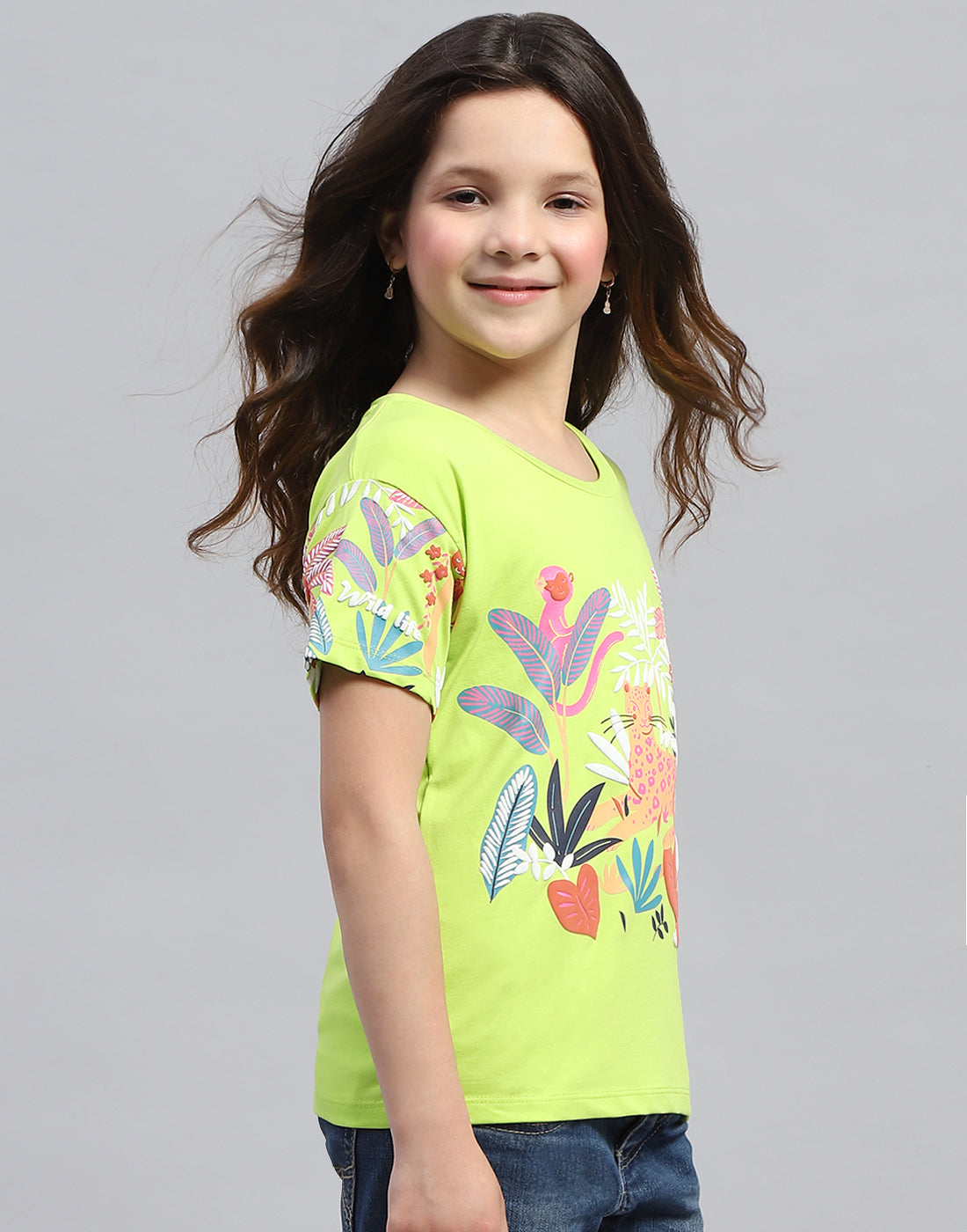 Girls Lime Green Printed Round Neck Half Sleeve Top