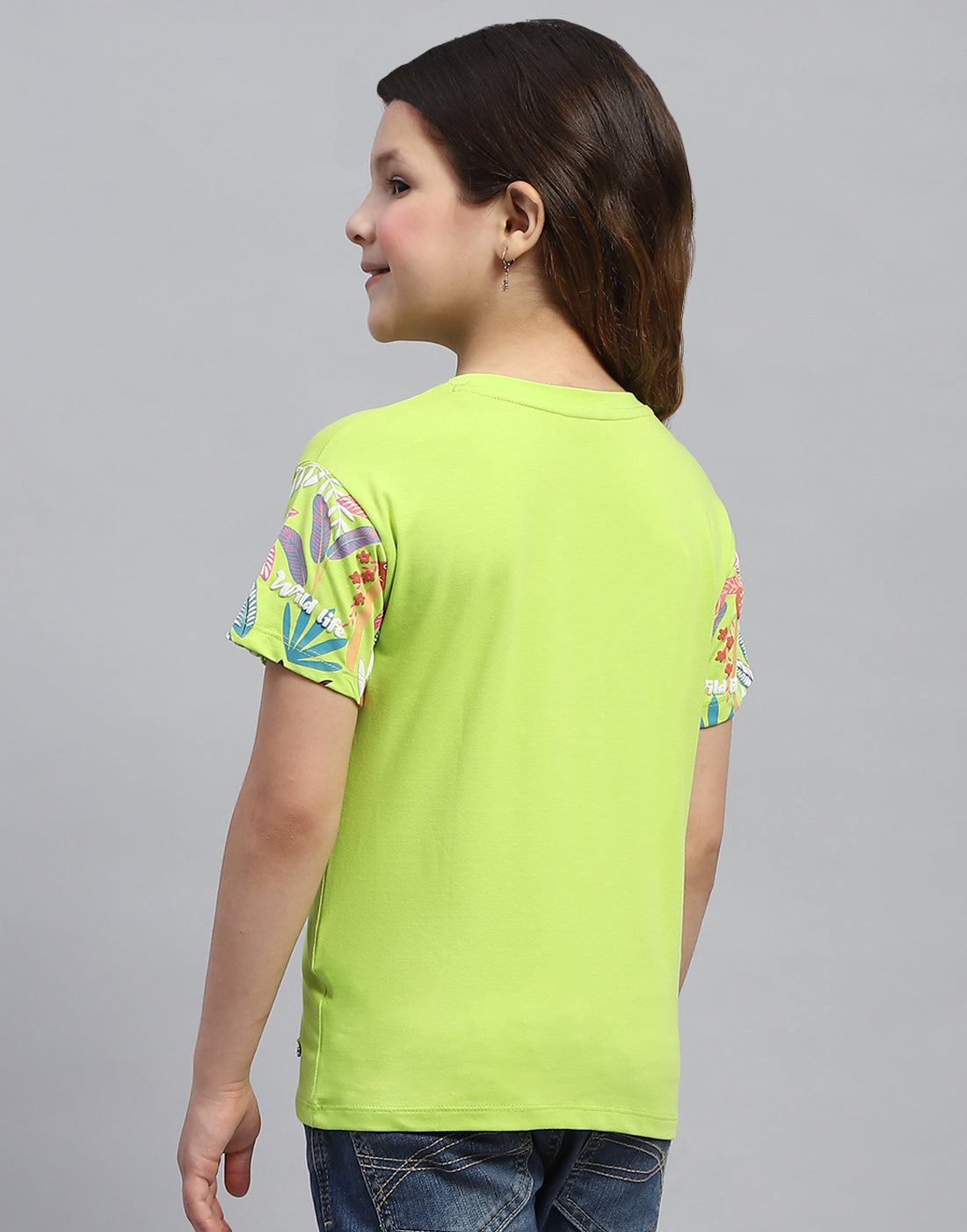 Girls Lime Green Printed Round Neck Half Sleeve Top