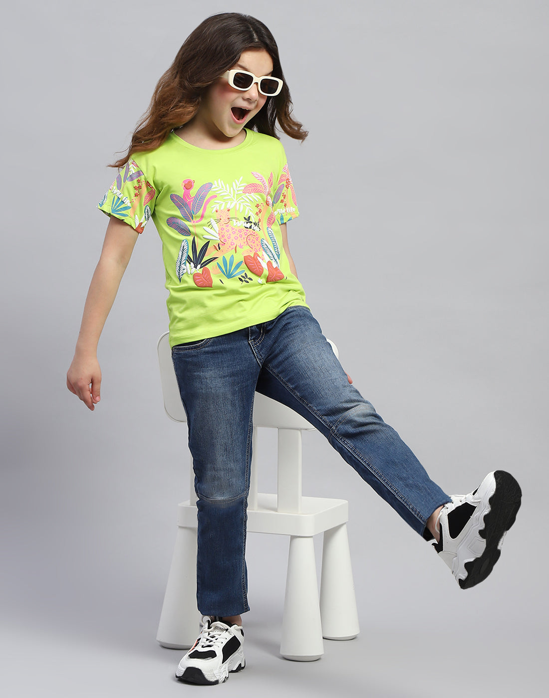 Girls Lime Green Printed Round Neck Half Sleeve Top