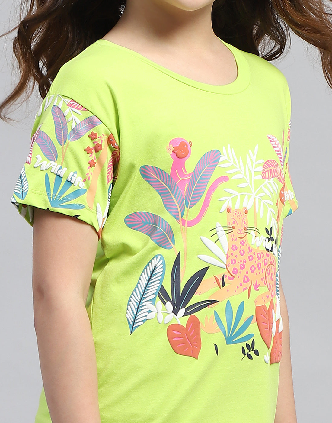 Girls Lime Green Printed Round Neck Half Sleeve Top