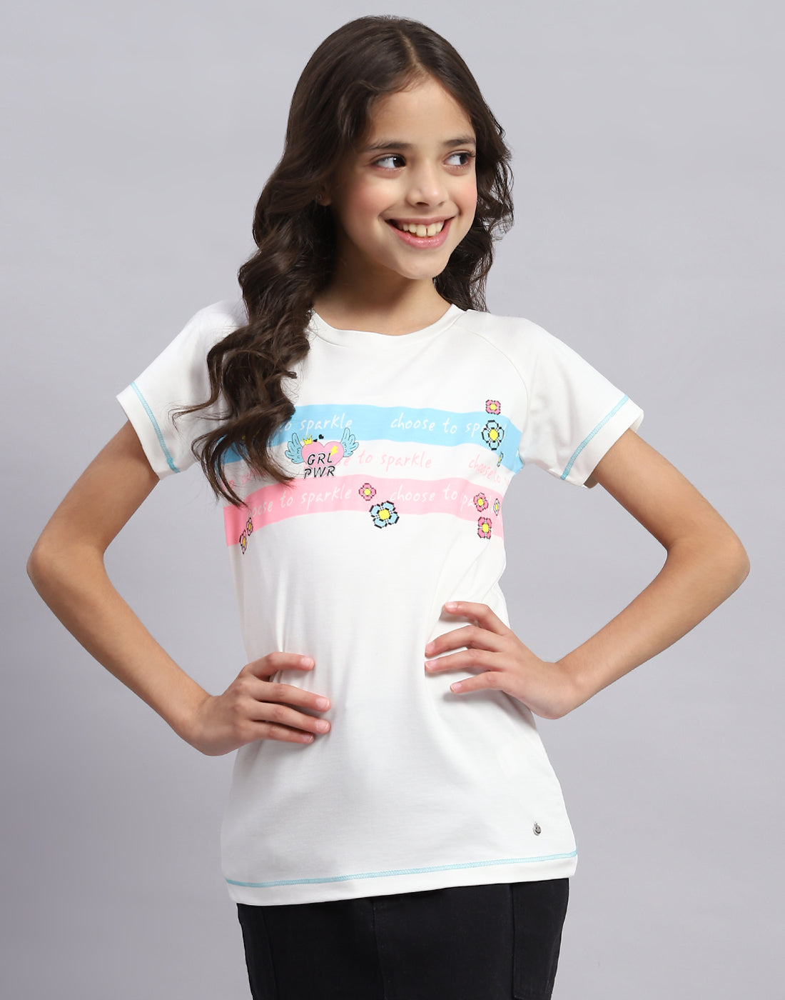 Girls Off White Printed Round Neck Half Sleeve Top