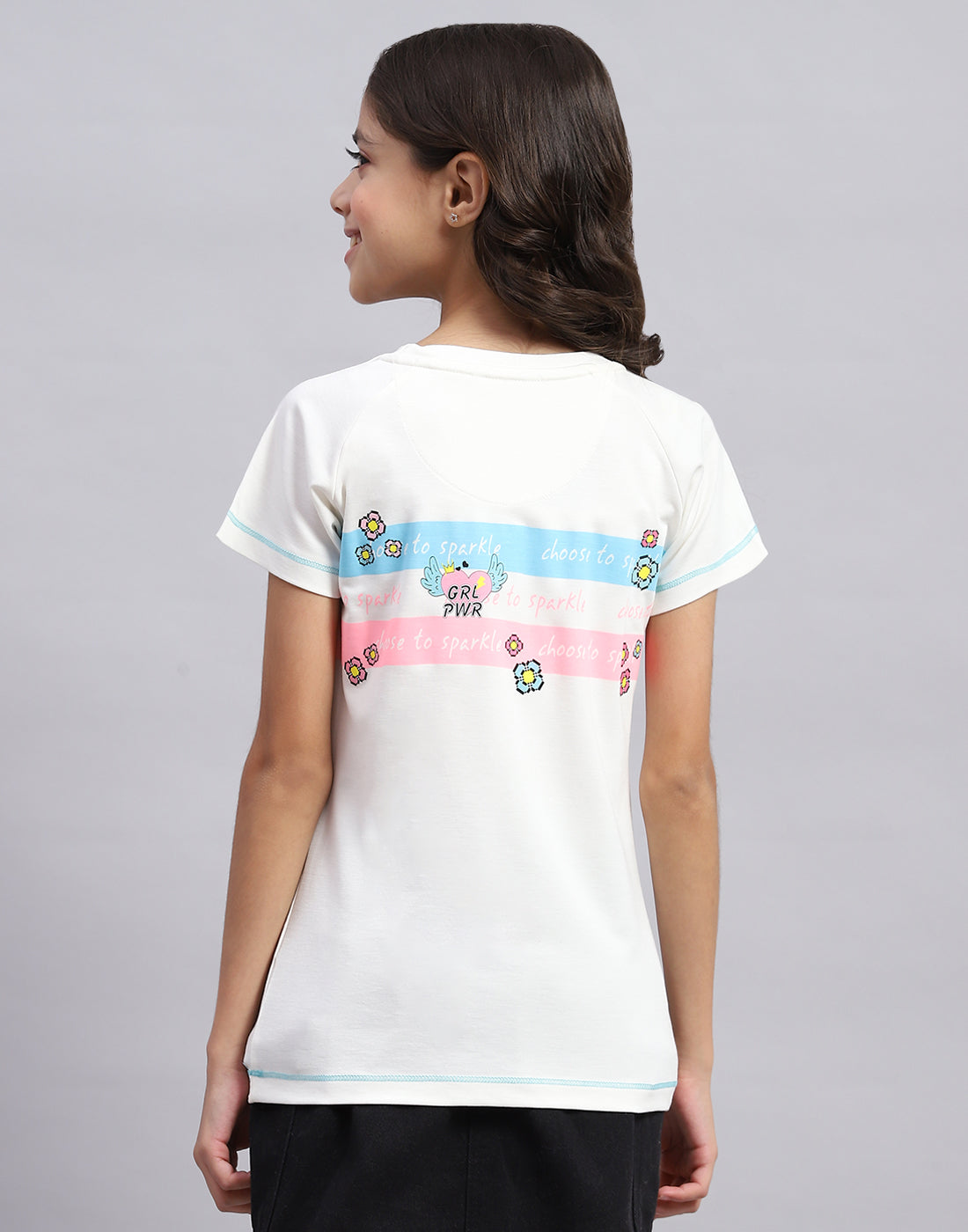 Girls Off White Printed Round Neck Half Sleeve Top