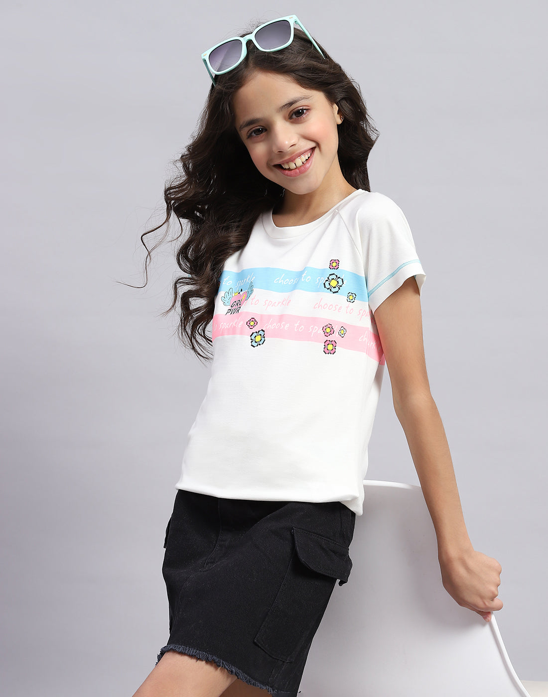 Girls Off White Printed Round Neck Half Sleeve Top