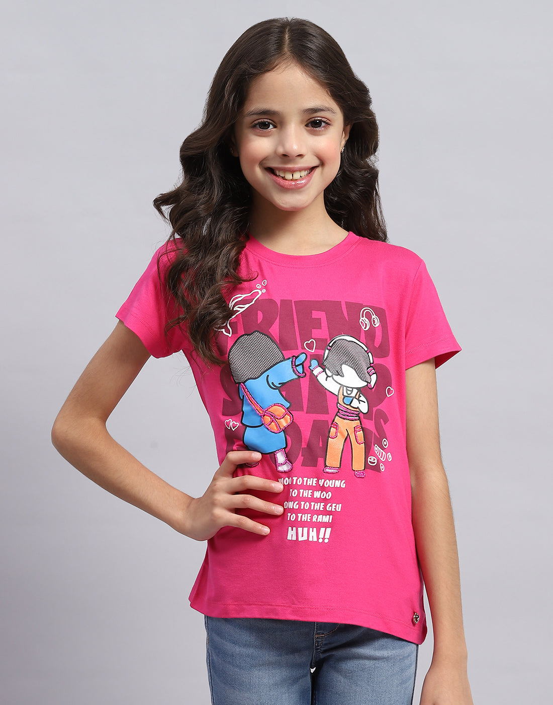 Girls Pink Printed Round Neck Half Sleeve Top