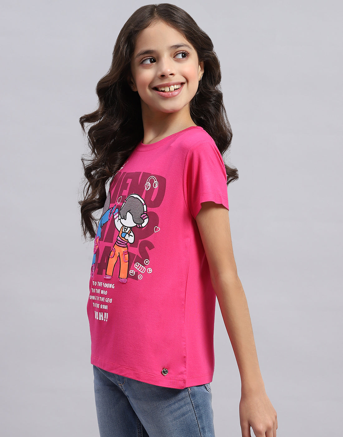 Girls Pink Printed Round Neck Half Sleeve Top