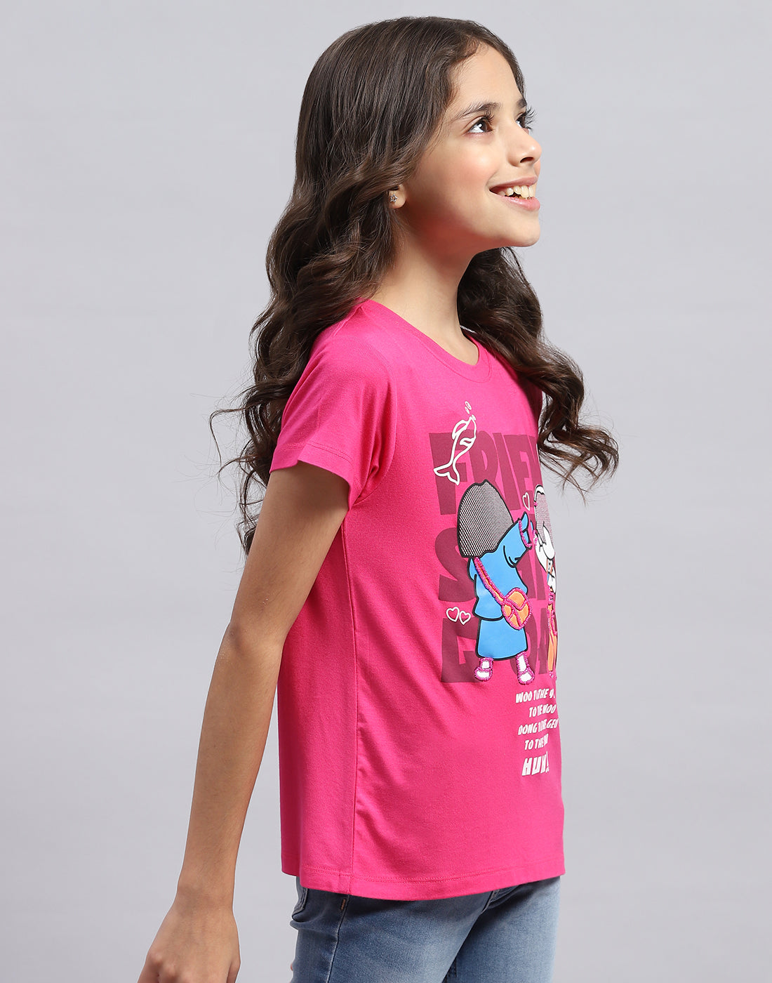 Girls Pink Printed Round Neck Half Sleeve Top