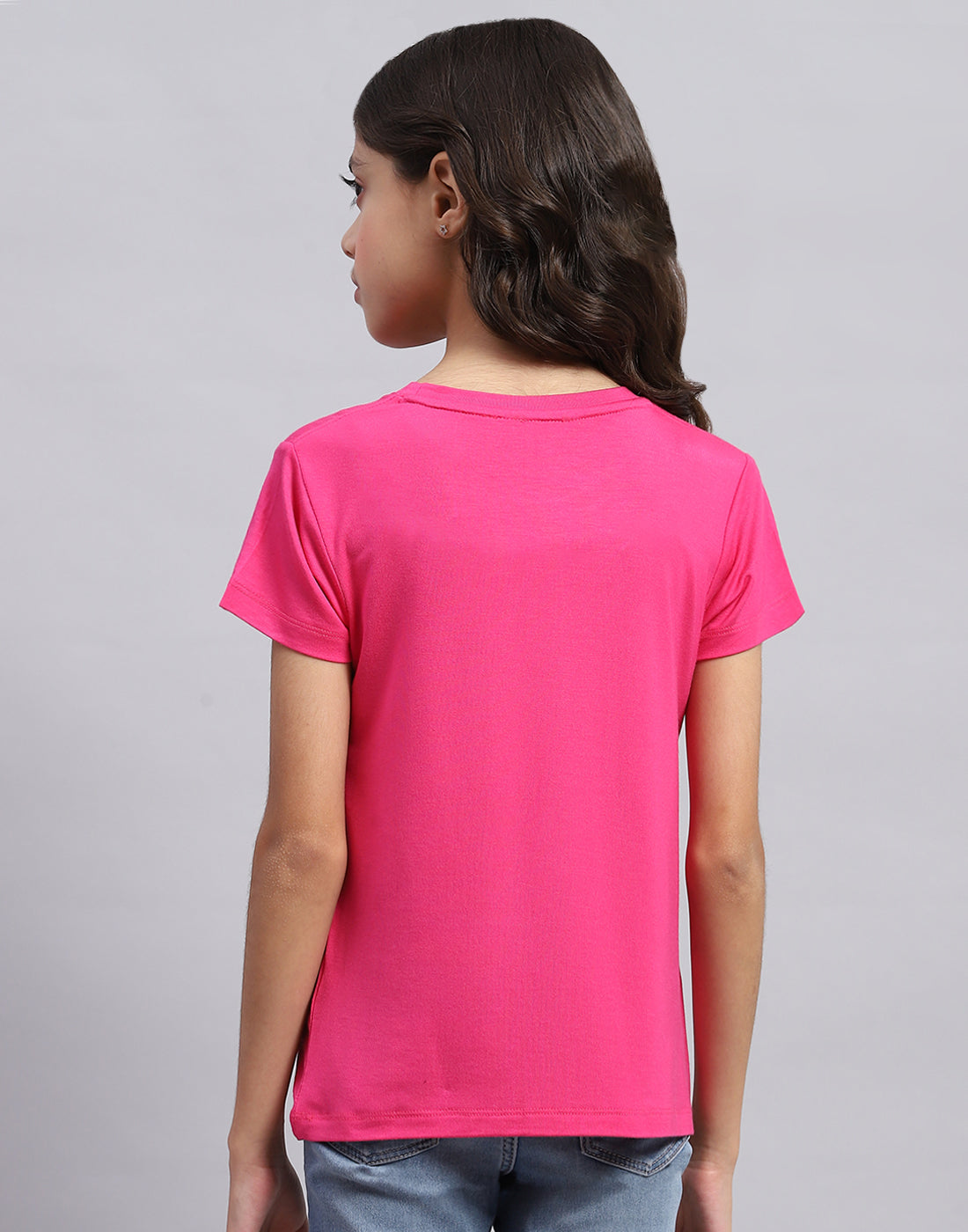 Girls Pink Printed Round Neck Half Sleeve Top