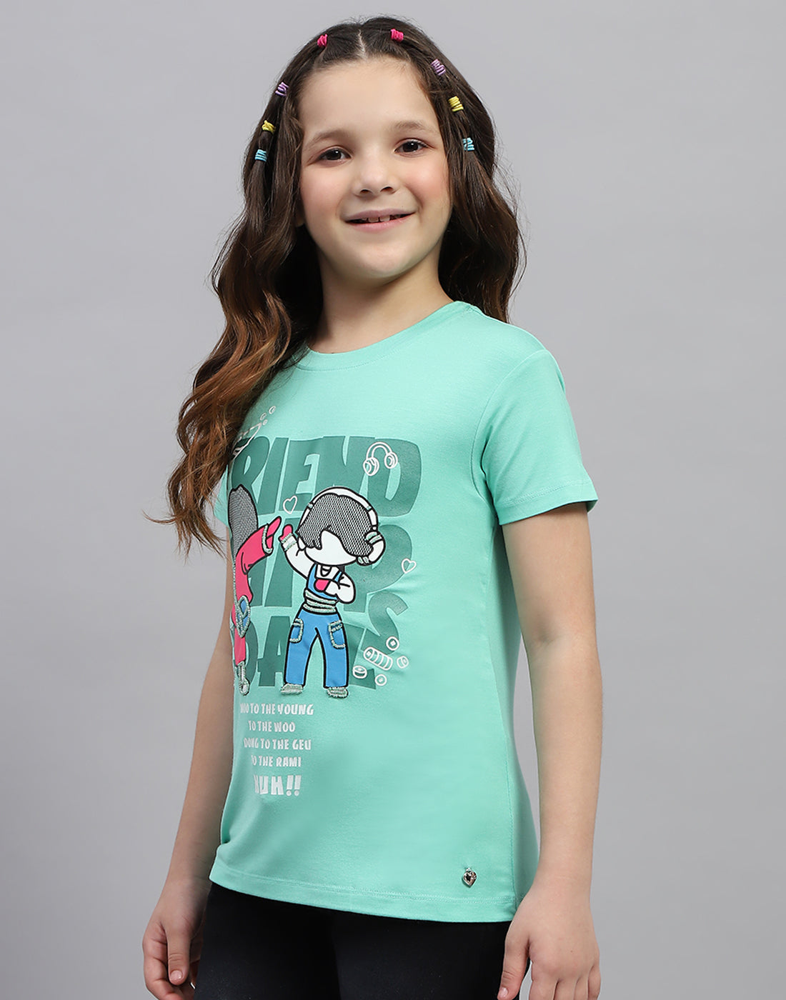 Girls Green Printed Round Neck Half Sleeve Top