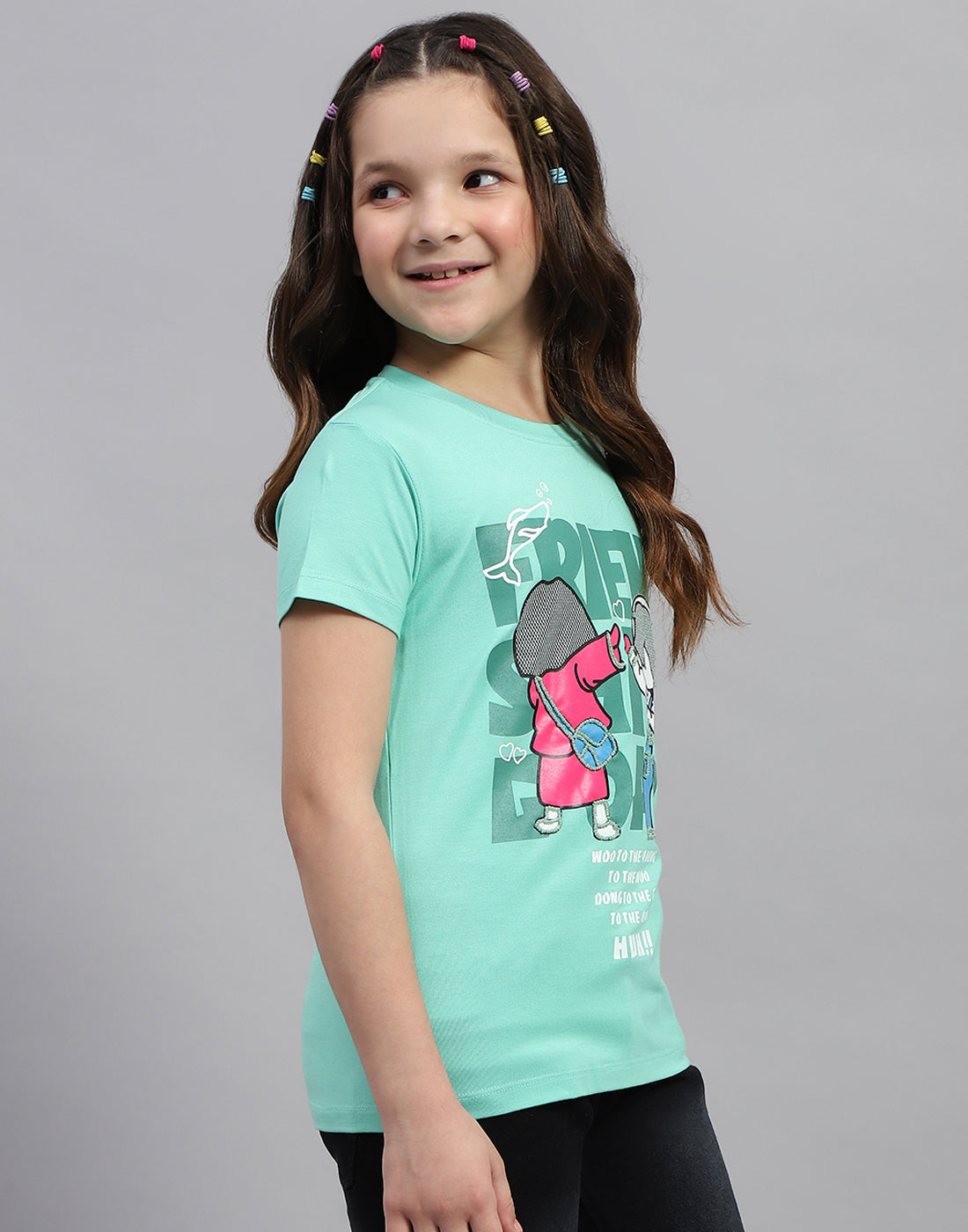 Girls Green Printed Round Neck Half Sleeve Top