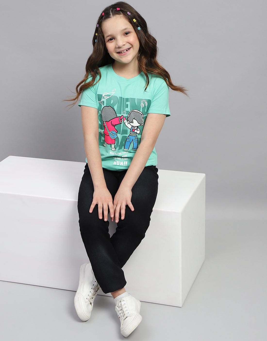 Girls Green Printed Round Neck Half Sleeve Top