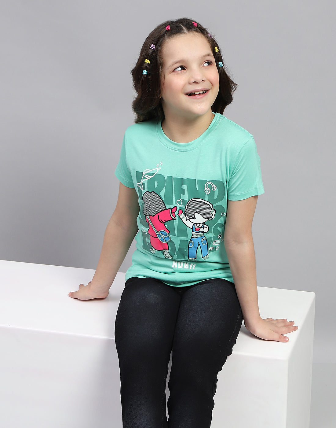 Girls Green Printed Round Neck Half Sleeve Top