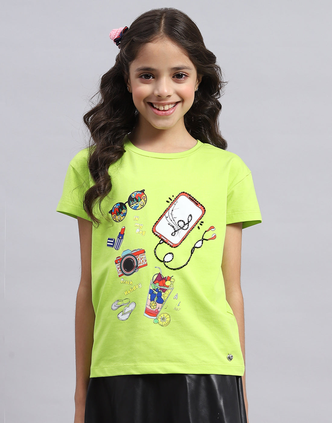 Girls Green Printed Round Neck Half Sleeve Top