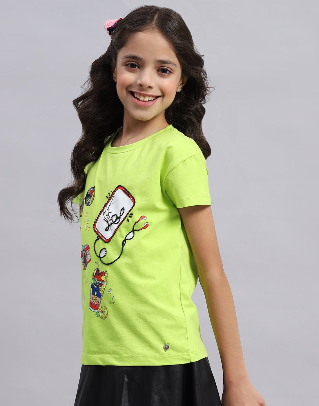 Girls Green Printed Round Neck Half Sleeve Top