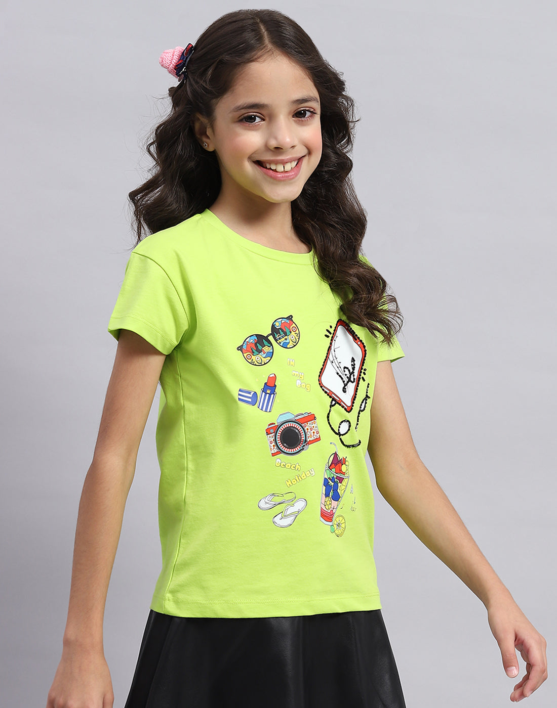 Girls Green Printed Round Neck Half Sleeve Top