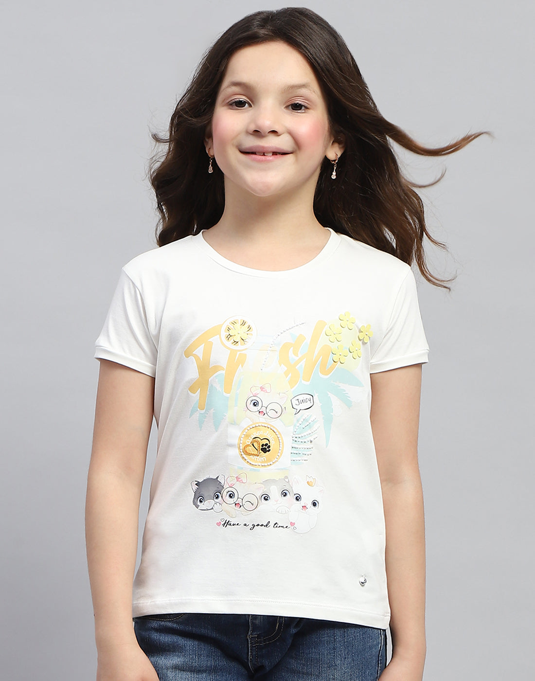 Girls Off White Printed Round Neck Half Sleeve Top