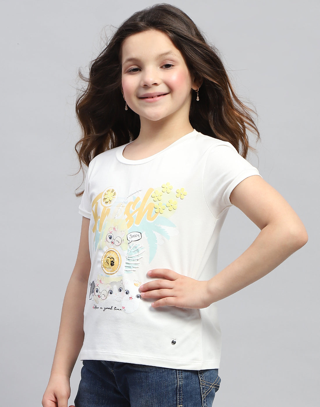 Girls Off White Printed Round Neck Half Sleeve Top