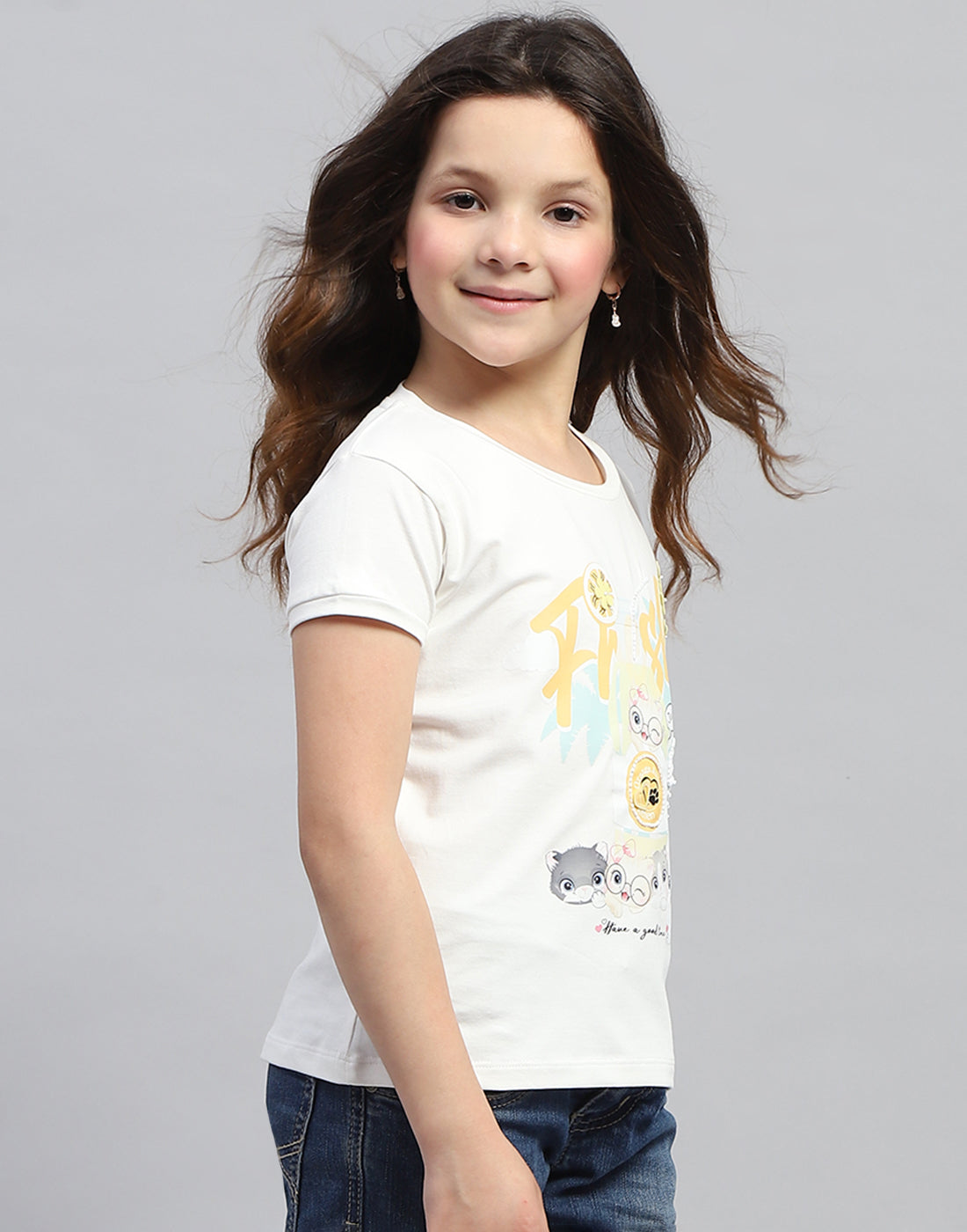 Girls Off White Printed Round Neck Half Sleeve Top