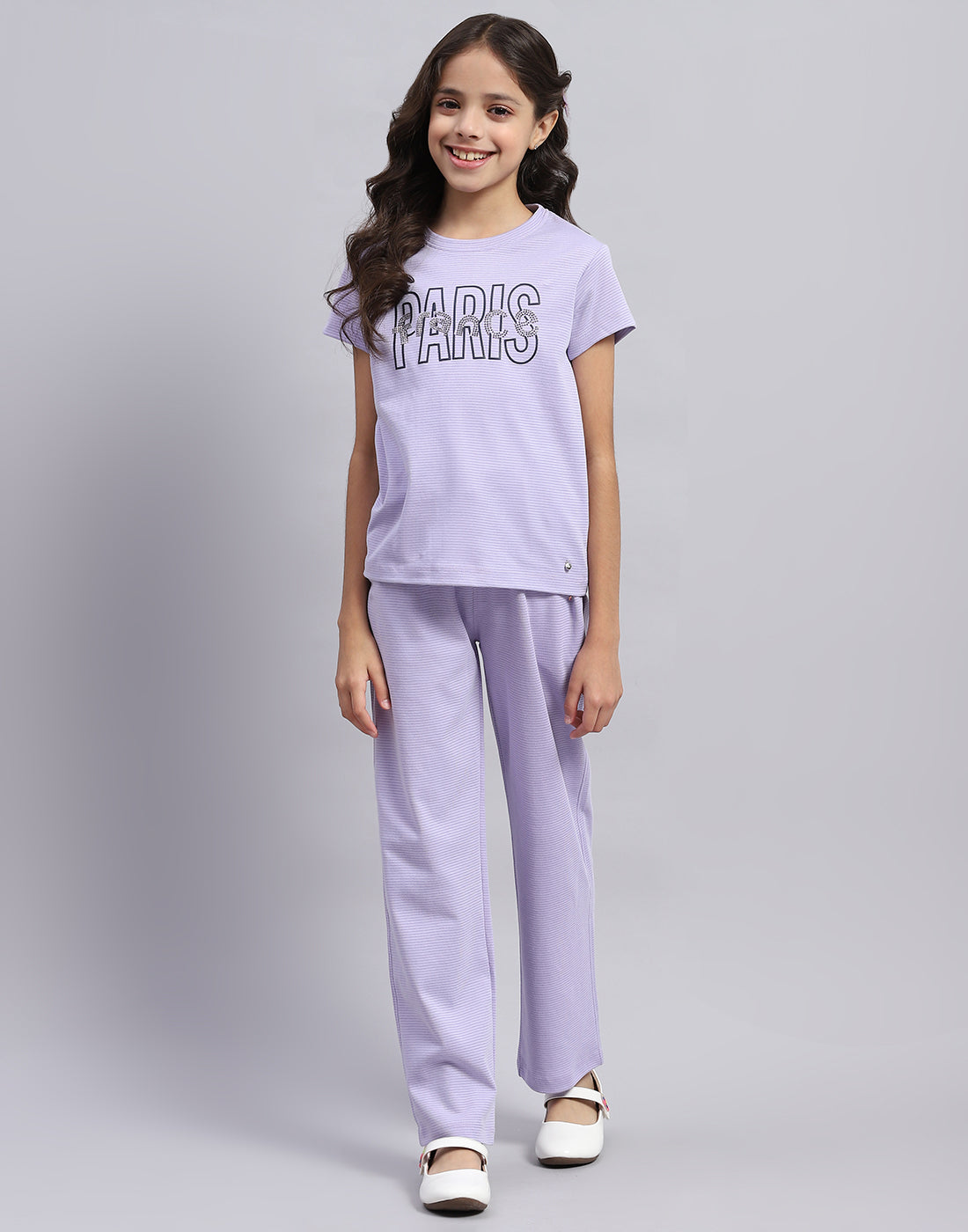 Girls Purple Printed Round Neck Half Sleeve Cords Set