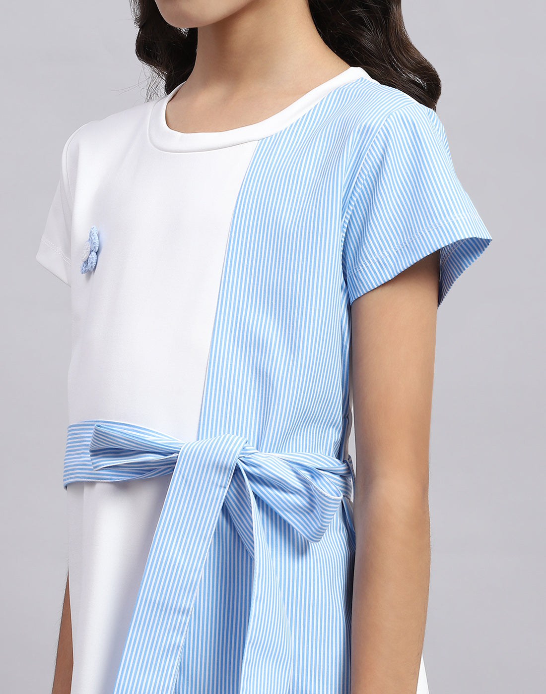 Girls Blue Stripe Round Neck Half Sleeve Dress