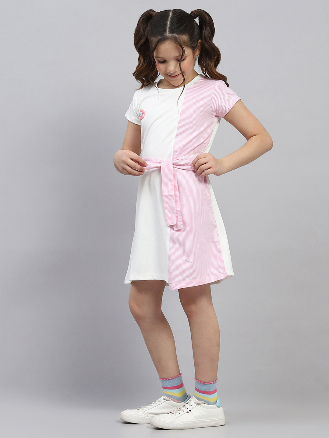 Girls Pink Stripe Round Neck Half Sleeve Dress