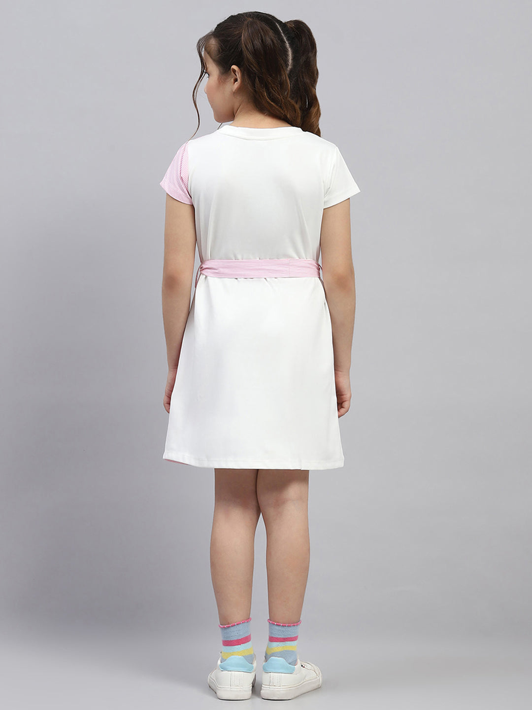 Girls Pink Stripe Round Neck Half Sleeve Dress