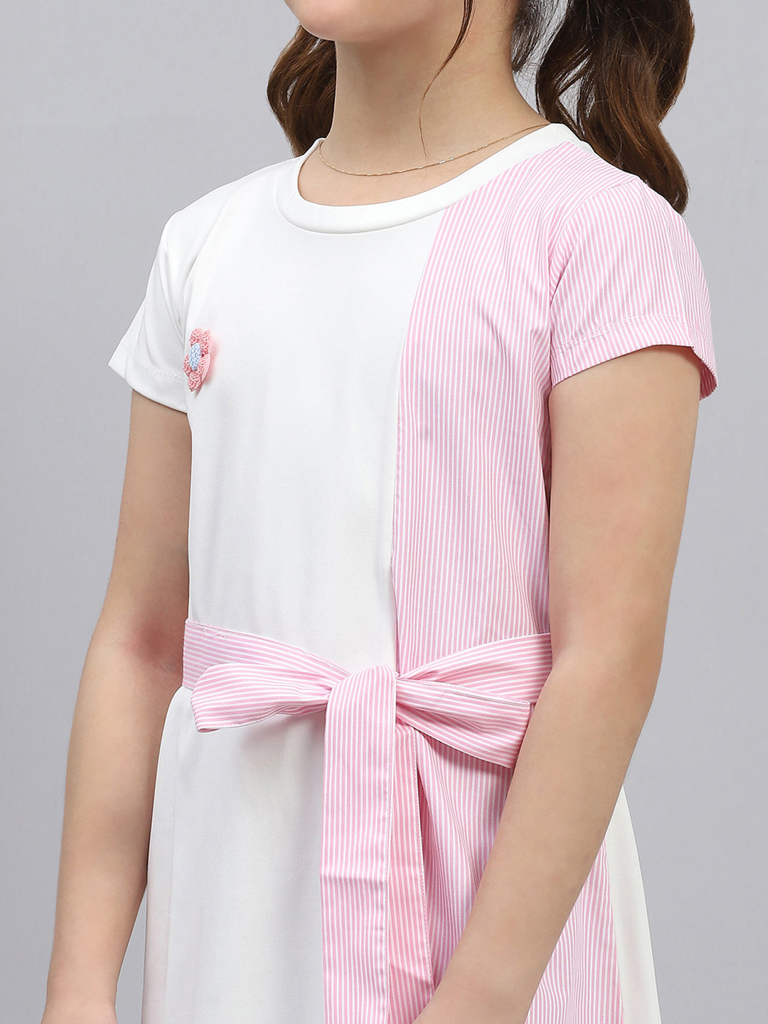 Girls Pink Stripe Round Neck Half Sleeve Dress