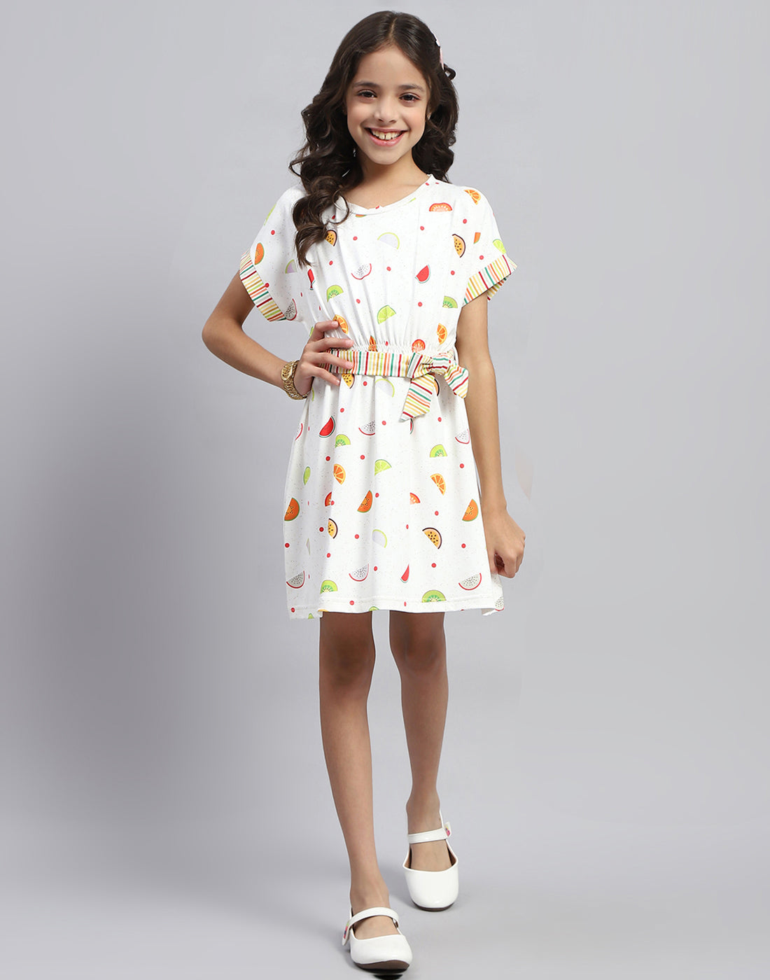 Girls White Printed Round Neck Half Sleeve Dress