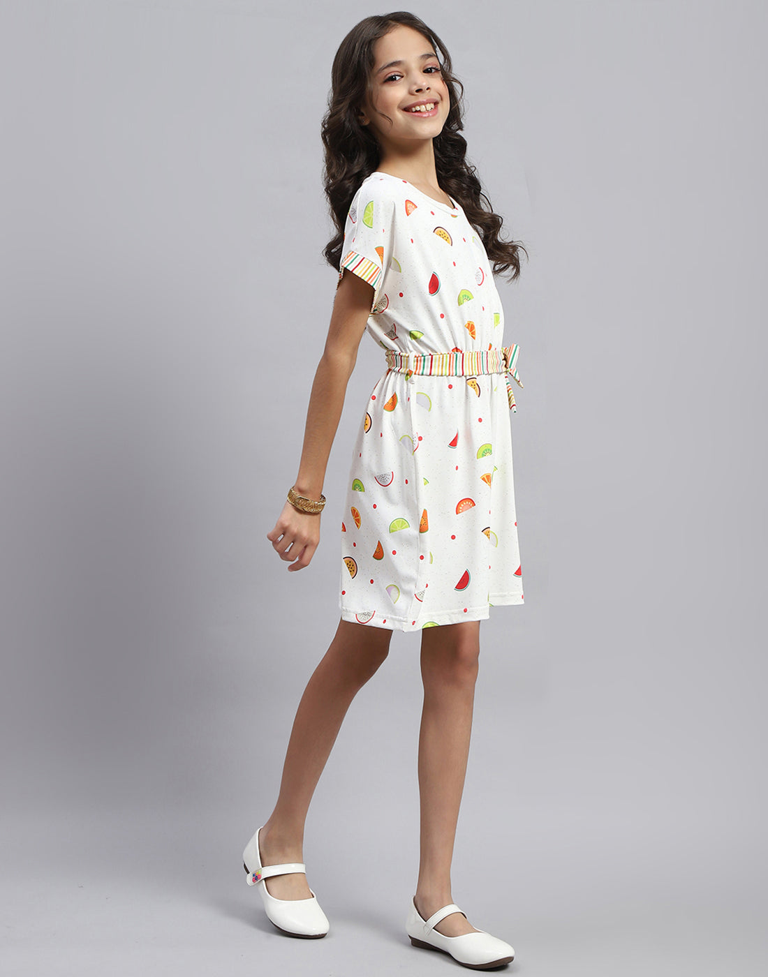 Girls White Printed Round Neck Half Sleeve Dress