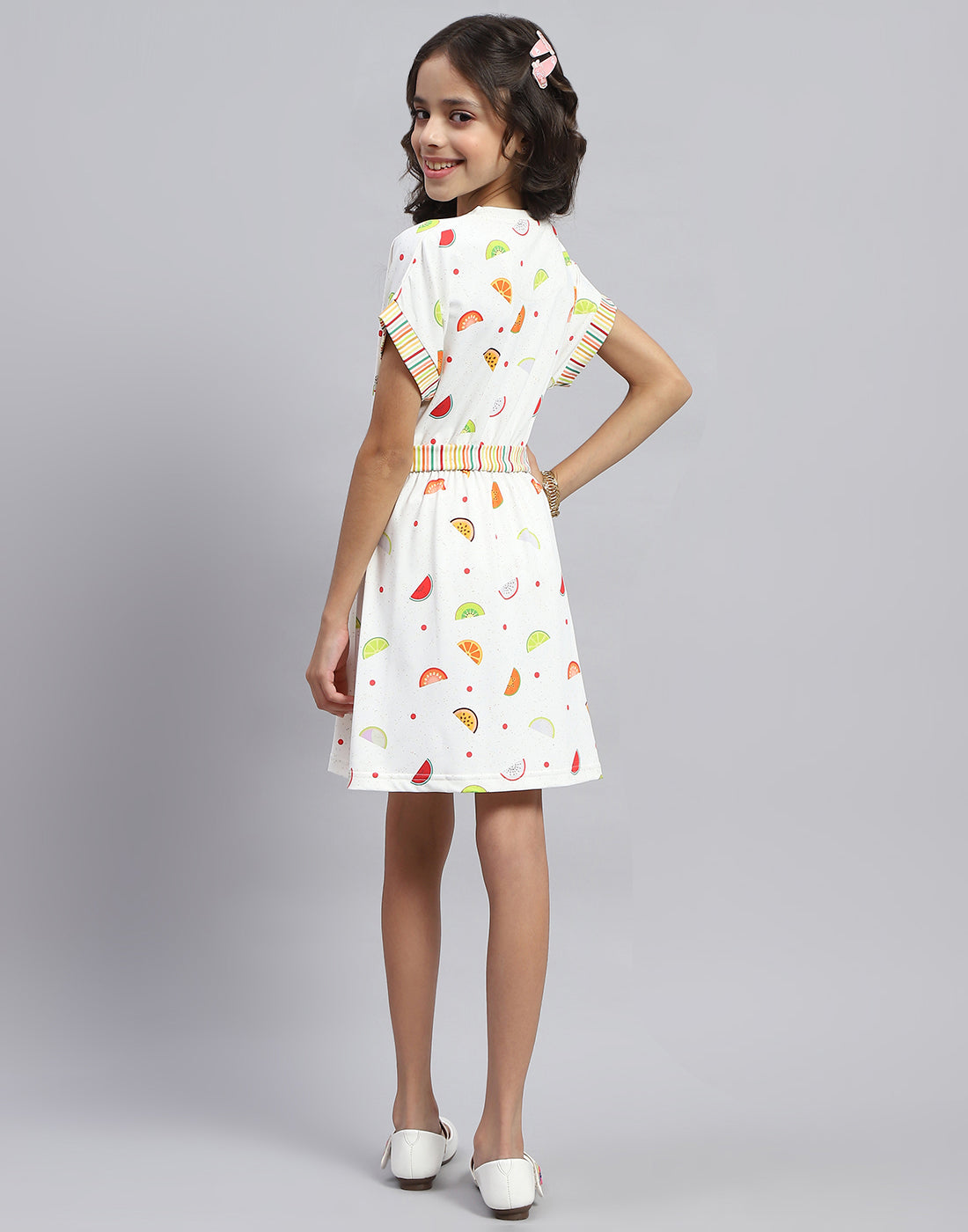 Girls White Printed Round Neck Half Sleeve Dress