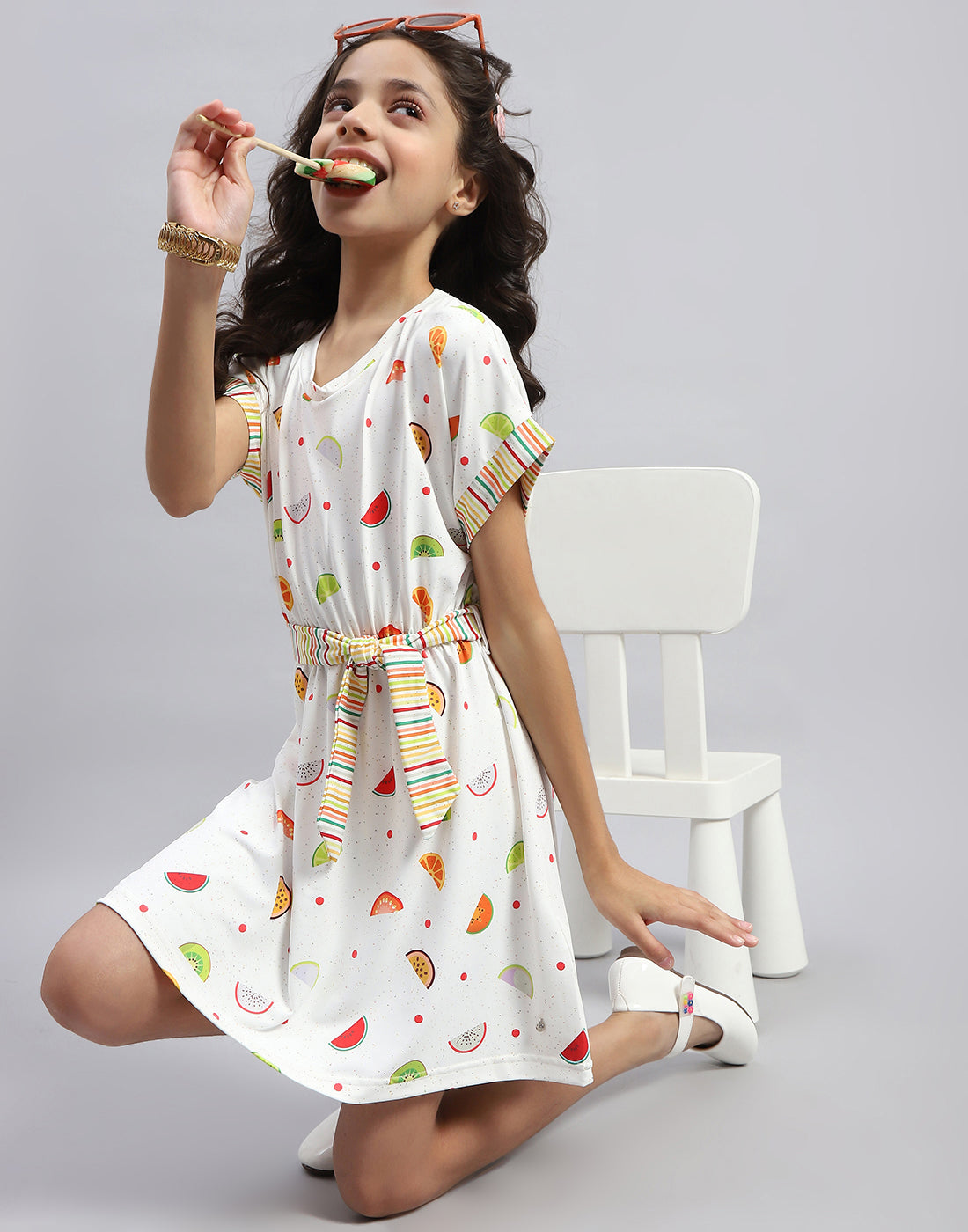 Girls White Printed Round Neck Half Sleeve Dress