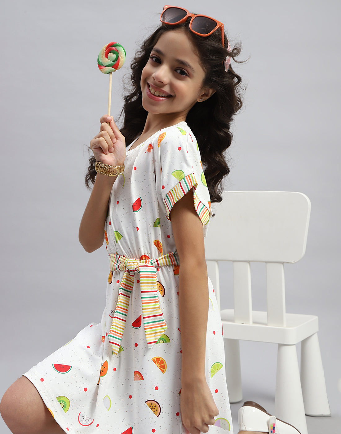 Girls White Printed Round Neck Half Sleeve Dress