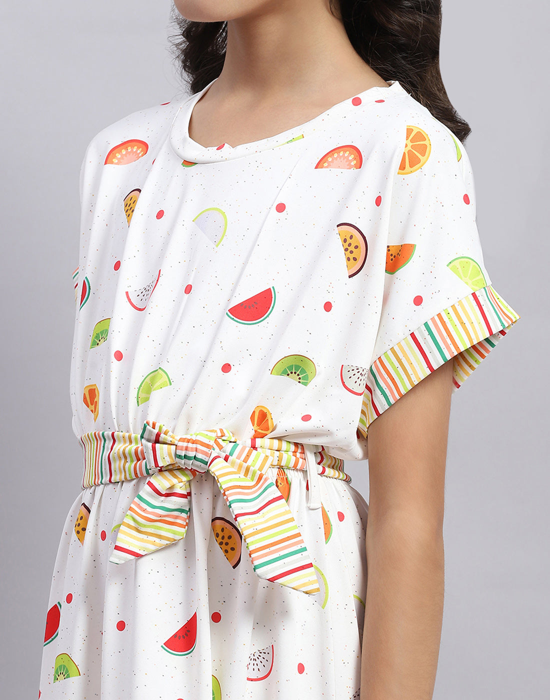 Girls White Printed Round Neck Half Sleeve Dress