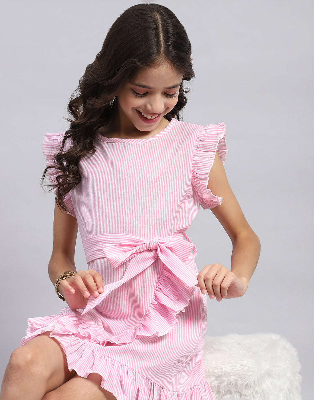 Girls Pink Stripe Round Neck Half Sleeve Dress