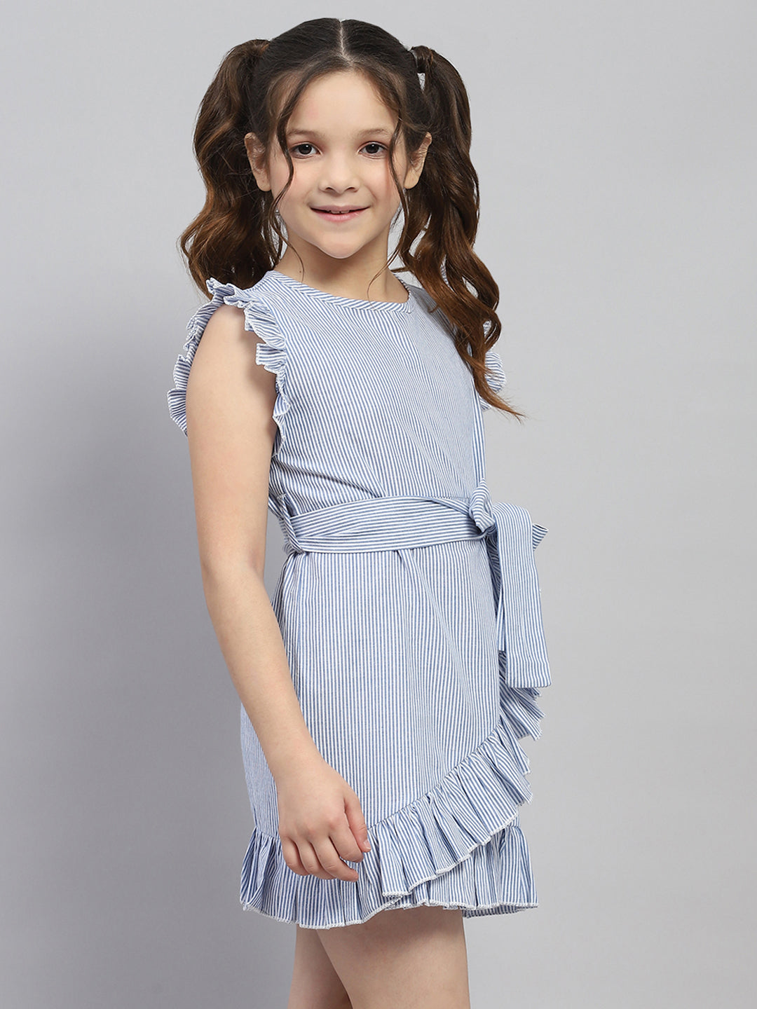 Girls Blue Stripe Round Neck Sleeveless Dress