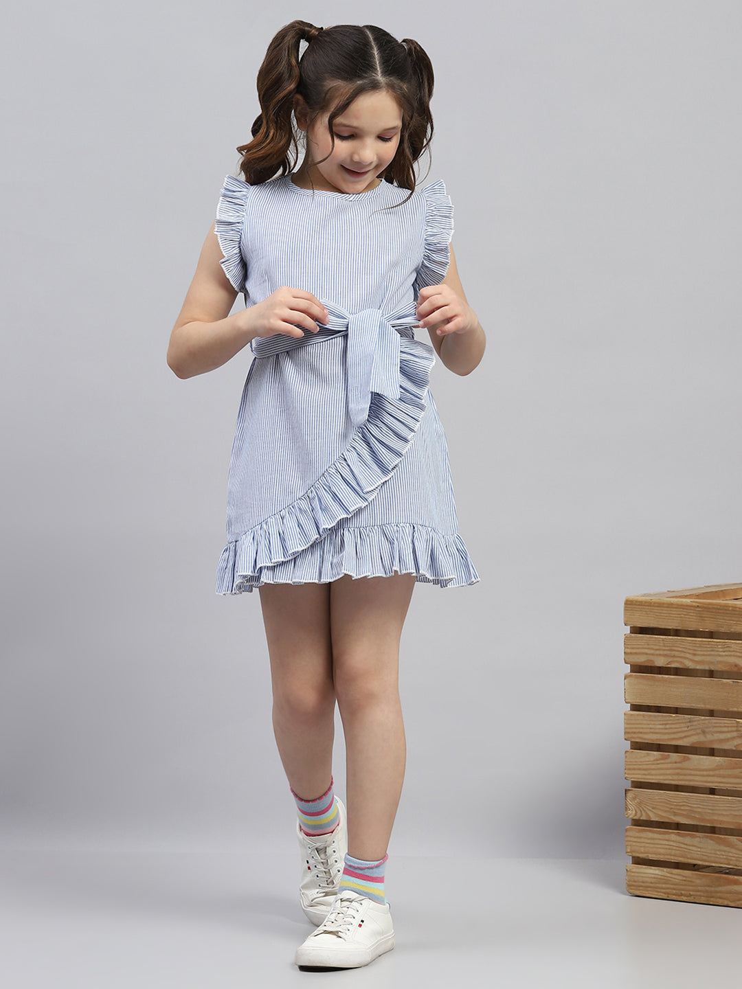 Girls Blue Stripe Round Neck Sleeveless Dress