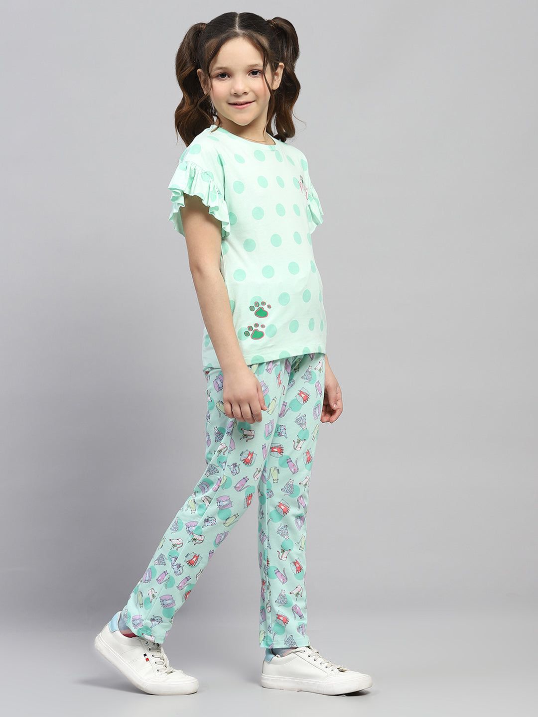 Girls Green Printed Regular Fit Lower Set