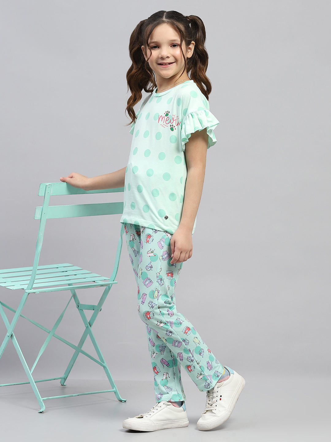 Girls Green Printed Regular Fit Lower Set