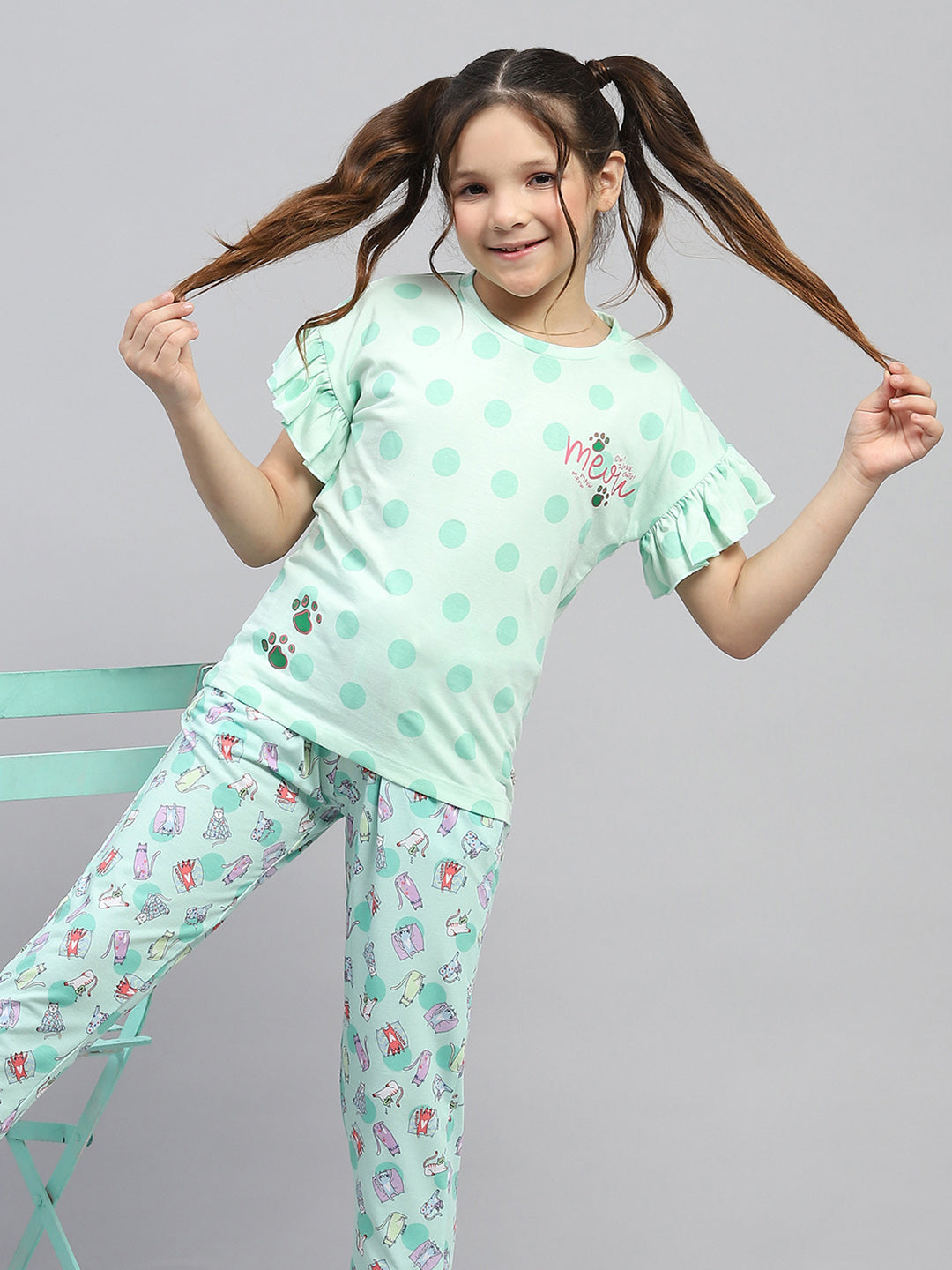 Girls Green Printed Regular Fit Lower Set