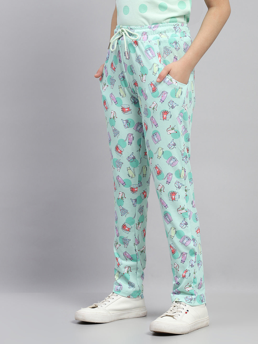 Girls Green Printed Regular Fit Lower Set