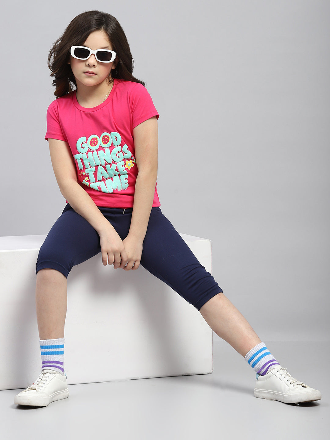 Girls Navy Blue Solid Regular Fit Capri